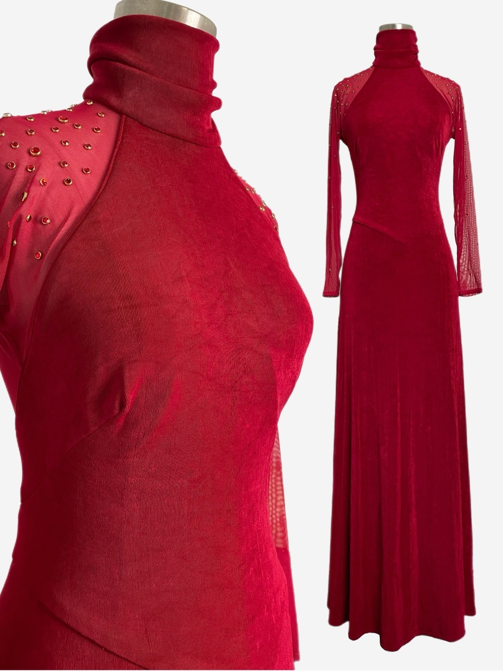 Vintage 90s Lillie Rubin red turtleneck mesh rhinestone formal gown holiday XS/S
